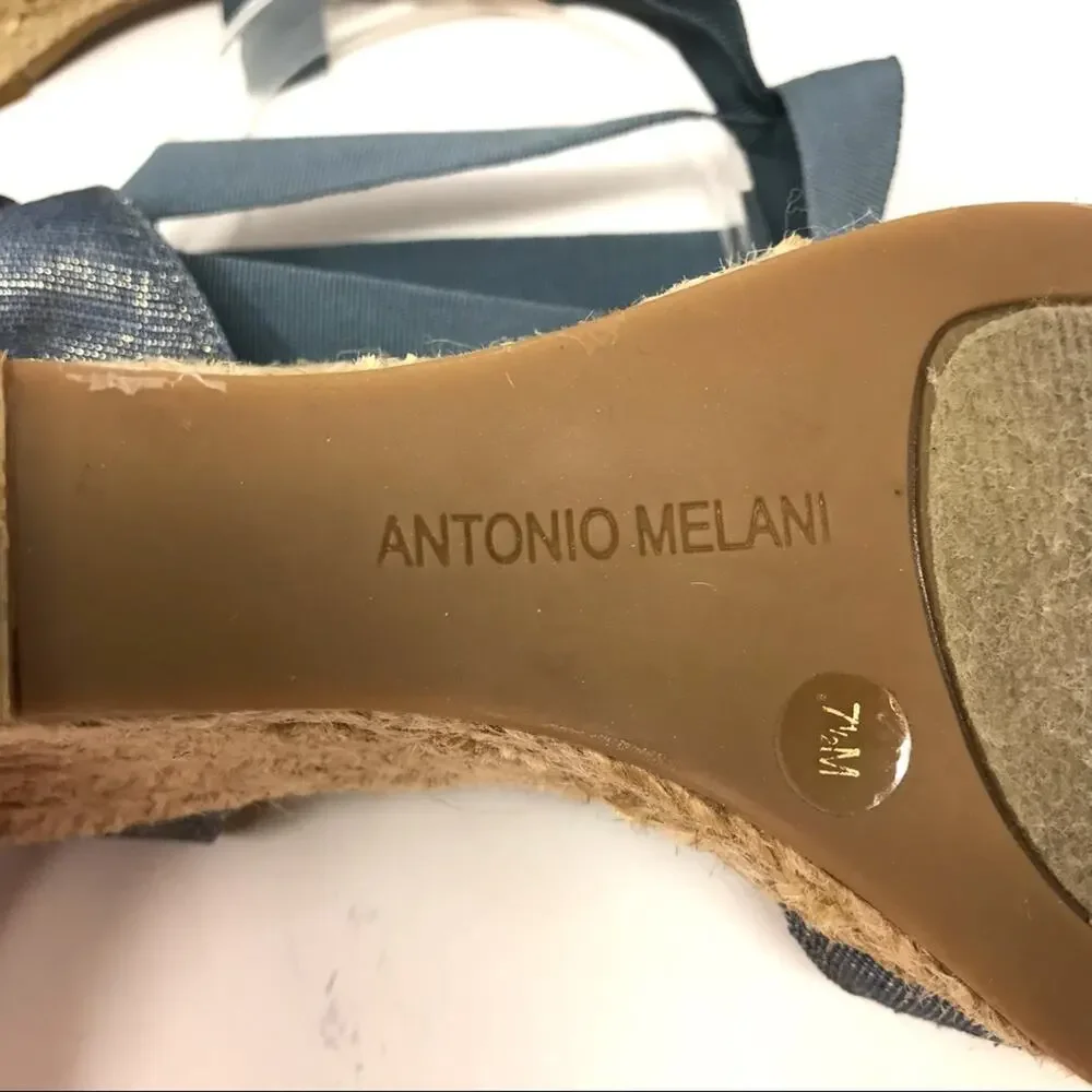 Antonio Melani-7 1/2-“Ariel” Blue Metallic Ankle Wrap Espadrille Wedge Sandals